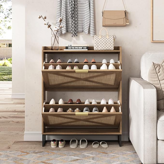 Maupvit Shoe Storage Cabinet with 2 Rattan Flip Drawers, Freestanding Organizer with Metal Legs for Entryway, Narrow Shoe Rack Cabinet, Hidden Golden Handles, Rustic Oak Rattan
