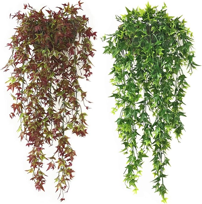 Artificial Hanging Vine Plants for Outdoor Decor, Plastic Ivy Garland Fake Vines Grass Greenery Home Garden Window Box Indoor Party UV Resistant Wedding Wall Decoration Decorations- Red 4 Bundles