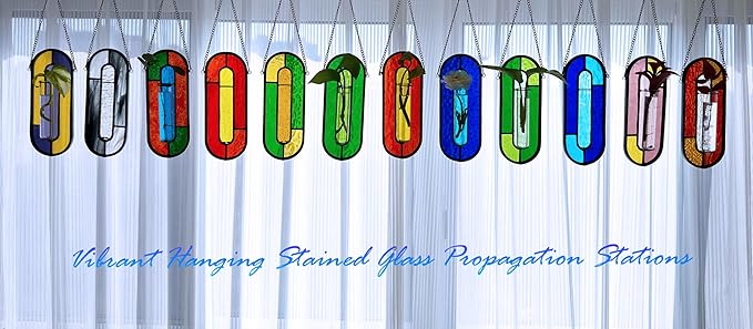 LITMIND Multi-Color Stained Glass Propagation Station - Handcrafted Translucent Suncatcher Planter with 2 Tubes, Hanging Hydroponic Décor for Windows & Garden