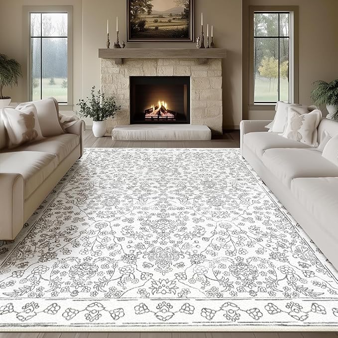 Floral Area Rug 6x9 Washable Grey Carpet Non Slip Large Boho Thin Farmhouse Throw Accent Rug for Living Room Bedroom Office Kitchen Bathroom