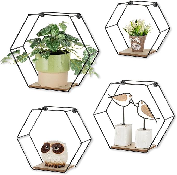 Hexagon Shelves Black for Wall - Metal Wood Floating Honeycomb Shelf - Hanging Planter Shelves for Living Room Bedroom Bathroom Set of 4