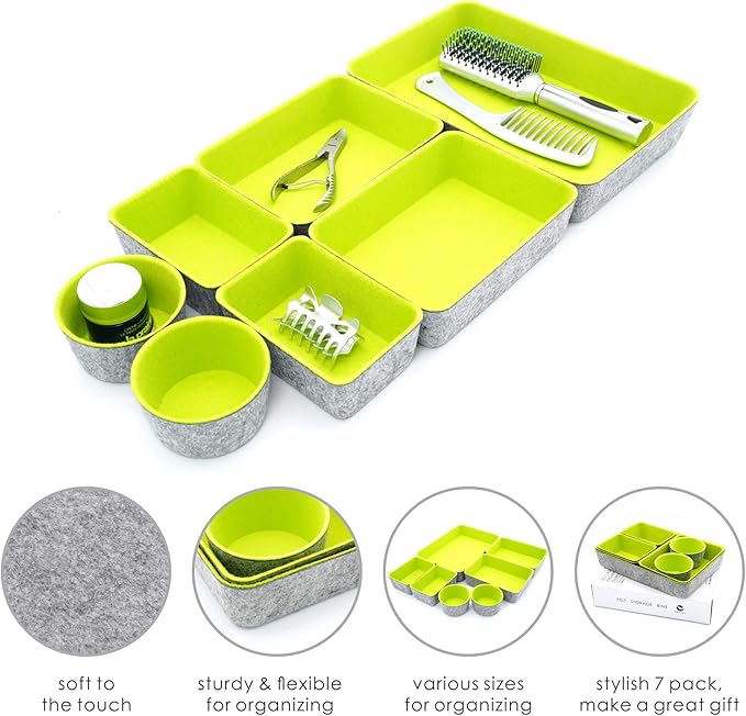 Welaxy Drawer organizers bins felt trays desk storage bins dividers small drawers for office supplies 7-piece Pack back to school college gift idea (Green)