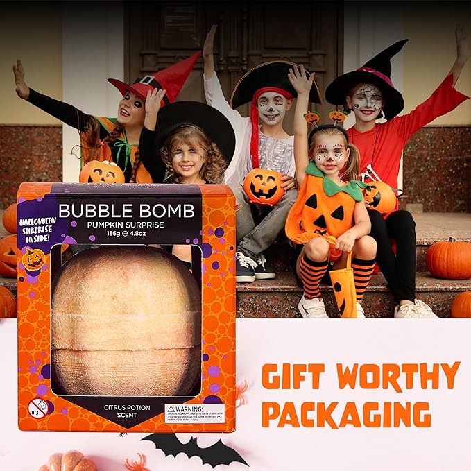 Halloween Bath Bomb for Kids with Surprise Toys Inside - Large Pumpkin Spooky Bombs for Boys & Girls – Made in USA, Boo Basket Stuffers for Teens by Two Sisters
