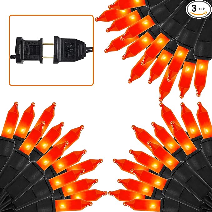 LJLNION 3 Pack Halloween Lights Outdoor, Each 33ft 150 Count Black Wire Incandescent Fairy Mini Lights, 120V UL Certified Clear Light String, Connectable for Patio Tree Party Home Decor, Orange