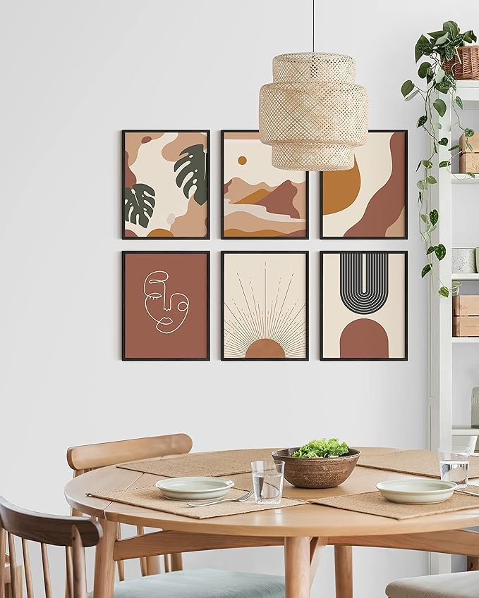 HAUS AND HUES Boho Prints Neutral Wall Art - Set of 6 Boho Art Prints Mid Century Modern Wall Art | Bohemian Artwork for Wall Aesthetic Decor (Black Frame, 11x14)