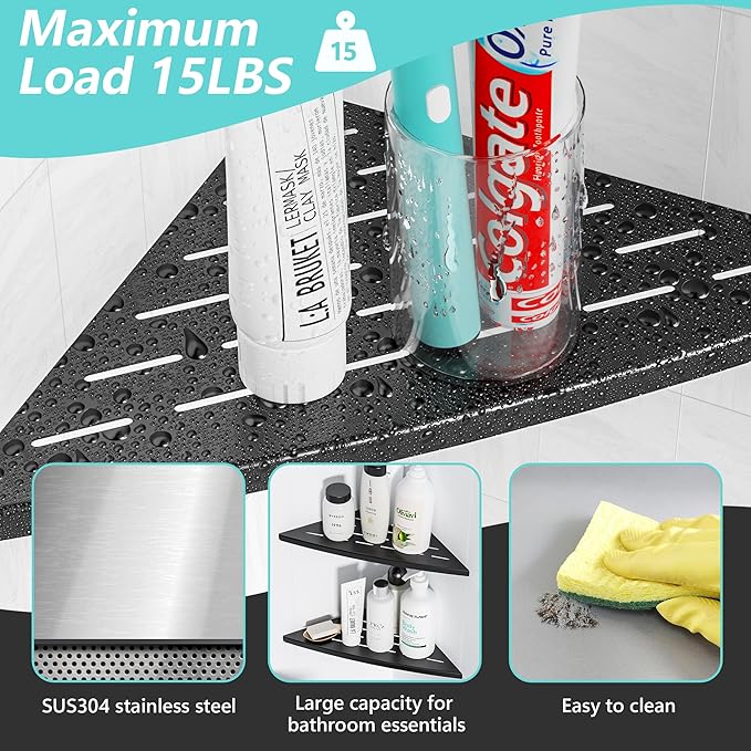 Corner Shower Shelf Matte Black, 304 Stainless Steel 11.5” Recessed Corner Shelf Bathroom for Tiled Wall, Floating Shower Shelves Shampoo Holder, No Drilling, 2 Pack