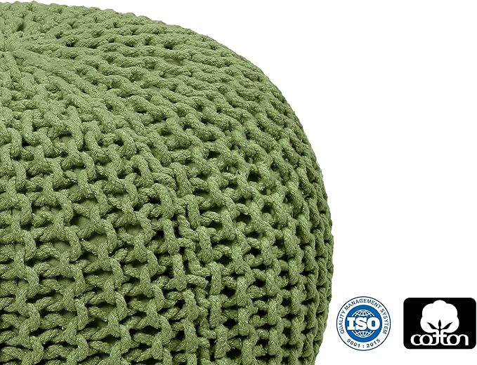 COTTON CRAFT Round Dori Pouf - Cotton Braid Cord Cable Knitted Ottoman - Foot Stool - Footrest - Floor Pouf - Accent Furniture - Woven Ottoman - Bean Bag - Living Room Dorm - 20 Dia x 14 High - Sage