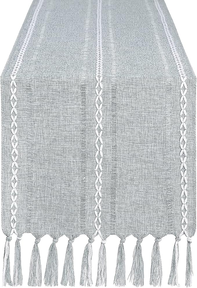 Chassic Rustic Farmhouse Style Linen Table Runner, Boho Handmade Tassel Hemstitched Table Runners 108 Inches Long for Holiday Party, Dresser and Dining Decorations, 13 x 108 inch - Light Grey