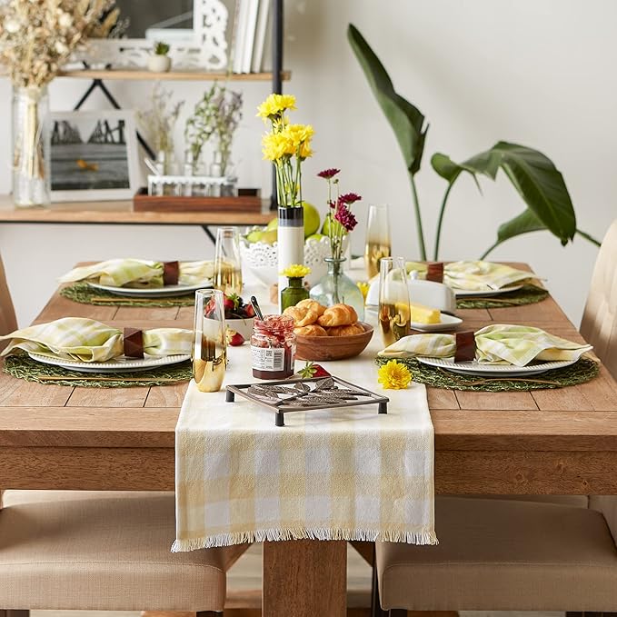DII Heavyweight Fringed Check Tabletop Collection, Table Runner, 14x108, Natural