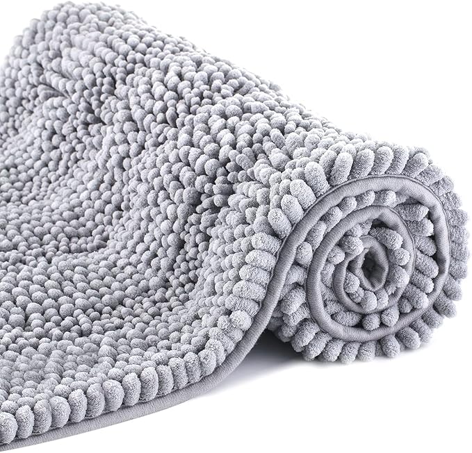 Bath Mat for Bathroom Ultra-Soft Machine Washable Rugs for Shower Room with Non-Slip Backing Shaggy Absorbent Luxury Chenille Bath Rug Perfect for Tub Sink Bedroom Door (16"x47", Light Grey)