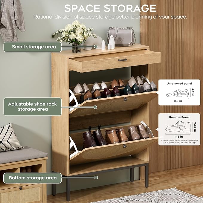 Yechen Shoe Rack Storage Organizer with 2 Natural Semi-Circular Rattan Doors, Large Entryway Wooden Shoe Cabinet for Sneakers, Leather Shoes, Slippers (1 Piece, Light Beige)
