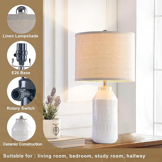 Maxax 24" Set of 2 White Table Lamps for Living Room, 3 Way Dimmable Farmhouse Ceramic Bedside Lamp for Bedroom End Table Lamps, ETL Listed