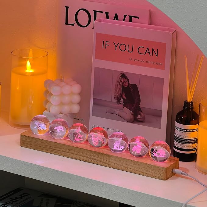 7 Glass Laser Balls with LED Wooden Base 3D Crystal for Mother Son Theme Lights Up as Night Light for Room Decoration, Gifts for Women - Healing Spheres for Meditation in Home Office on Mothers Day