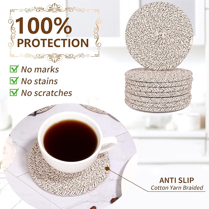 Mckanti 8 Pack Drink Coasters with Holder, Absorbent Coasters for Coffee Table, Minimalist Cotton Woven Coaster Set for Home Decor Tabletop Protection Suitable for Kinds of Cups, 4.3 Inches.
