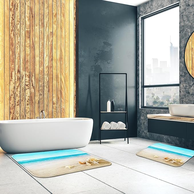 Britimes Bath Mat for Bathroom, Blue Beach Starfish Sea Washable Cover Floor Rug Carpets Floor Mat Bathroom Decorations 20x32 Inches for Kitchen Bedroom Indoor