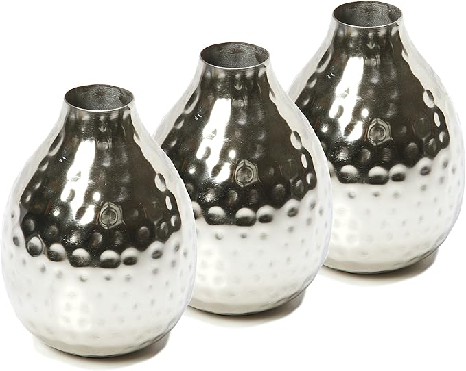 Hosley Set of 3 Metal Bud Vases - Your Choice of Colors. 4.5 Inch High. Ideal Accent Piece for Coffee and Side Tables as Well as Dried Floral Arrangements (1-Silver Finish)