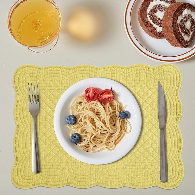 HOMBYS Quilted Placemats Set of 6 Washable-13x18 inches Rectangular Placemats for Kitchen Table-100% Cotton Fabric Rectangular Table Mats, (Yellow)