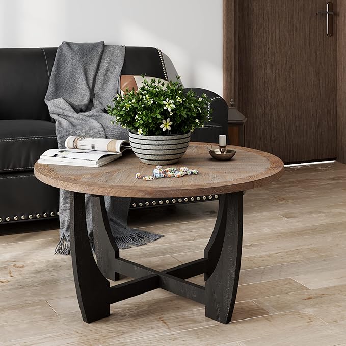 Rustic Farmhouse Coffee Table with Crisscross Base, French Country Accent Table for Family, Dinning or Living Room, Modern, Round