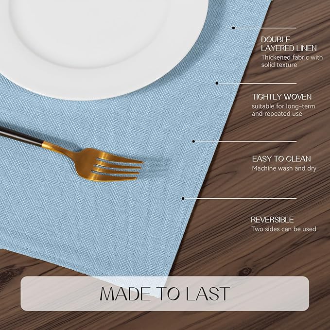 Romanstile Cloth Placemats Set of 6-12 x 18 Inch, Heat Resistant Double Layered Thickened Burlap Place Mats, Washable Faux Linen Farmhouse Table Mats for Kitchen/Dining/Party/Outdoor, Blue