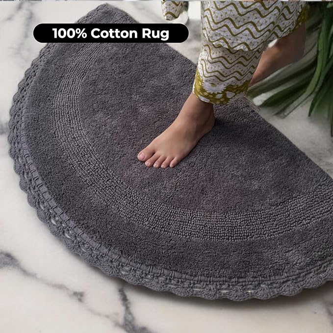 Half Circle Bohemian Bathroom Rug with Handwoven Chrochet Border, Beautifully Handcrafted 100% Cotton Mat - 22x42, Round Boho Bedroom Rug, Boho Bathroom Décor, Machine Washable Grey
