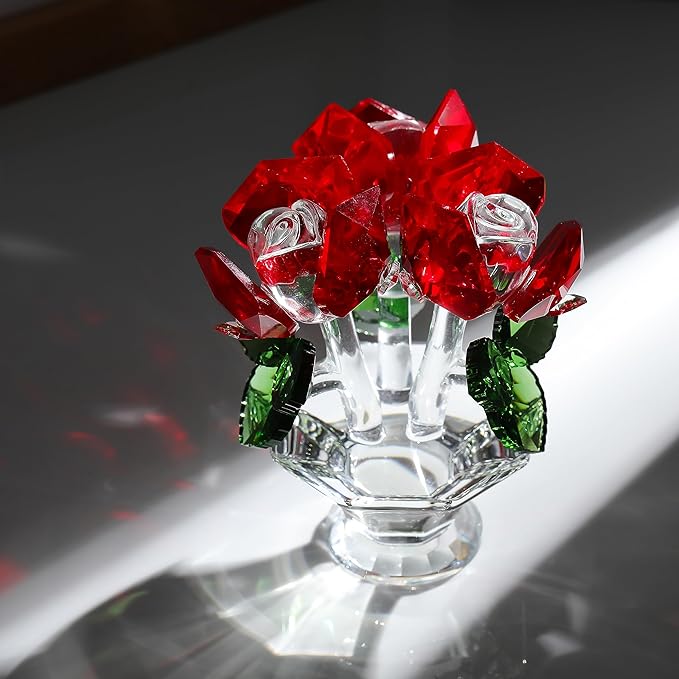Red Rose Flower Crystal Figurine with Vase, Handmade Bouquet Flowers Gifts for Wife Girlfriend Women Ornament , Crystal Flower Collectible Home Table Decor for Valentine's Day Wedding Anniversary