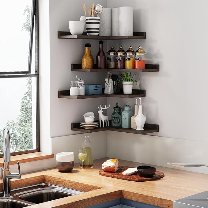 4 Tier Floating Corner Shelves - Set of 4 Rustic Wooden Floating Corner Wall Shelf with Cord Hole, L Shaped Corner Shelf Wall Mount for Bedroom,Living Room,Bathroom,Kitchen, Walnut Color