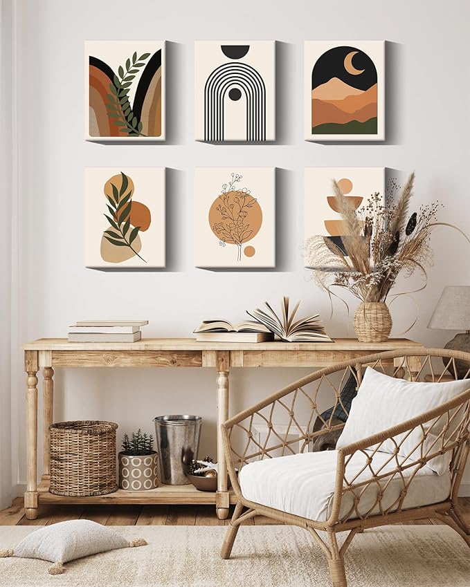 Drsoum Boho Wall Decor Minimalist Bohemain Wall Art Mid Century Modern Abstract 𝗙𝗿𝗮𝗺𝗲𝗱 Room Decor Moon Phases Wall Painting For Bedroom Home Decor Set of 6, 8x10in (Framed)