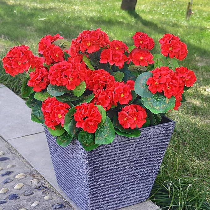 Fake Outdoor Flowers, 4 Pcs Artificial Flowers For Outdoors, Red Artificial Geraniums Plastic Flowers, Fake Plant For Outside, Silk Faux Flowers For Outdoor Planters UV Resistant For Front Porch
