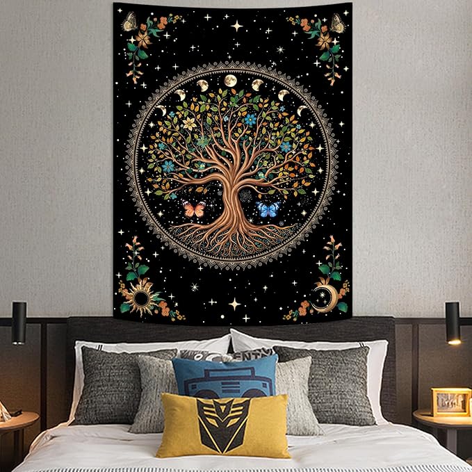 Lunerfex Tree of Life Tapestry Moon Phase Wall Tapestry, Green Tapestries for Bedroom Ceiling Tapestries Wall Hanging for Bedroom Living Room Wall Decor Tree-4 60"x80"