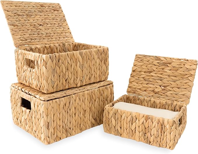 Wicker Storage Baskets with Lid, Set 3 Basket With Lid Decorative Storage Rectangle Wicker Storage Basket Large Rattan Storage Box Hyacinth Baskets