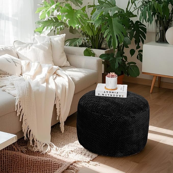 Asuprui Pouf Ottoman Stuffed Pouf Ottoman Foot Rest Stuffed Soft Foot Stool with Filler 20x20x12 Inches Fuzzy Chair Floor Chair Foot Rest with Storage for Living Room Bedroom Black Pouf with Filler
