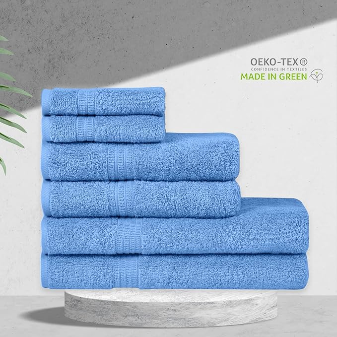 HOMELOVER 6 Piece Towel Set - 100% Organic Cotton, 2 Bath Towels, 2 Hand Towels, 2 Washcloths - 500 GSM, Hotel & Spa Quality, Soft, Quick Dry, Highly Absorbent Bathroom Essentials (Sky Blue)