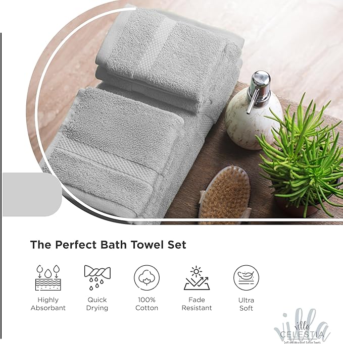 100% Combed Cotton Bathroom Towel Set of 8- 2 Bath Towels, 2 Hand Towels, 4 Wash Cloths, Sustainable, Soft, Highly Absorbent 8 Piece Cotton Bath Towel Set Ideal for Hotels, Spa, Bathroom, Dorm, Silver