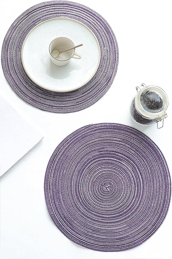 Floroom 15 Inch Round Braided Placemats Set of 4, Washable Heat Resistant Cotton Polyester Circle Place Mats for Kitchen Dining Table - Lavender