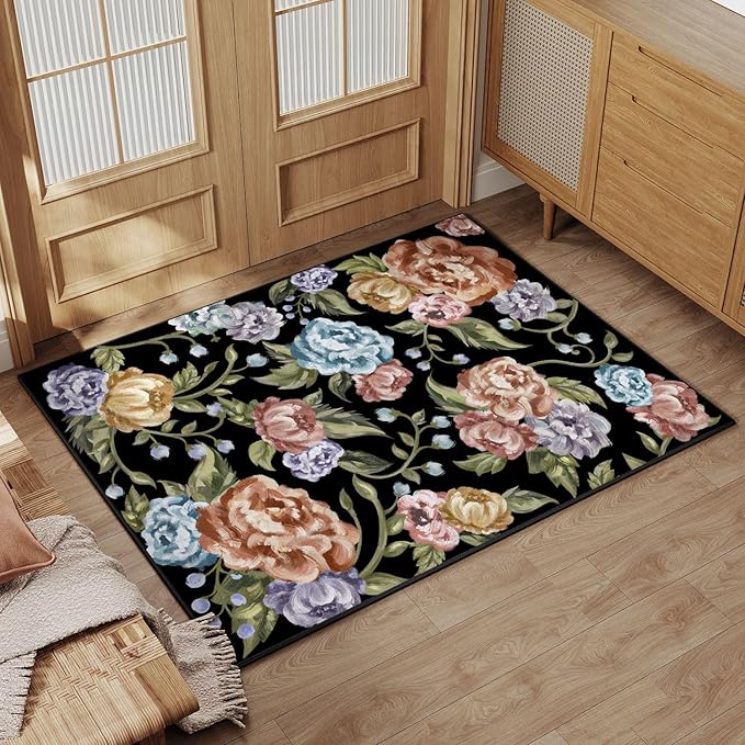 Black Area Rug 2x3 Floral Entryway Entrance Door Mat Indoor Non Slip Kitchen Carpet Washable Bedroom Small Low Pile Accent Rug for Office Living Dining Room Bathroom Farmhouse