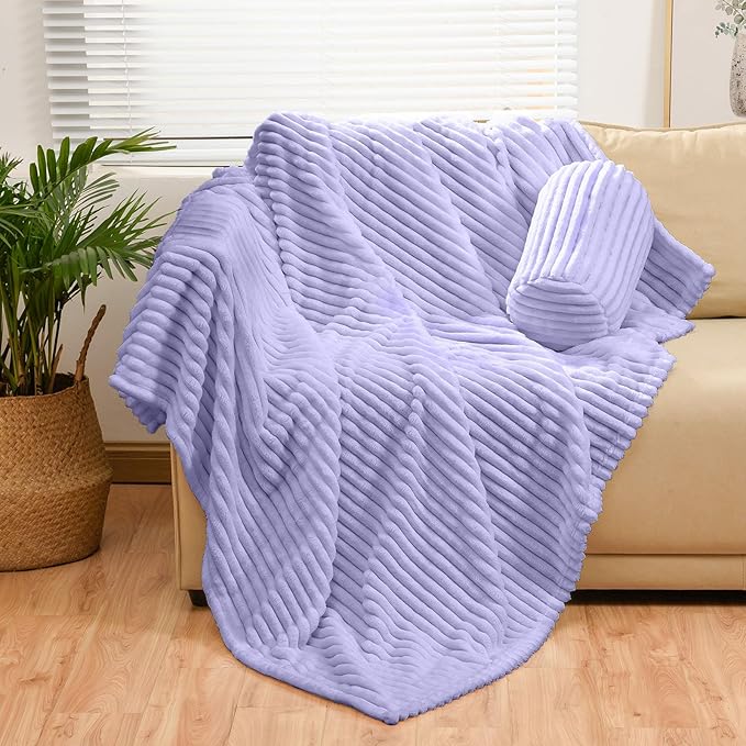 Bnuitland Light Purple Flannel Throw (60X80 inches) with Storage Pouch,300GSM Super Soft Fleece Stripe Pattern Sofa Blanket for Adults, Lightweight Cozy Bed Throw for Home Decor All Season