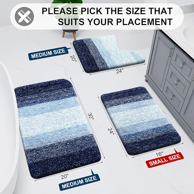 Arotive Microfiber Bathroom Rugs, Shaggy Soft and Absorbent Bath Rug, Non-Slip, Thick Plush Machine Washable Dry Bath Mats for Bathroom, Tub and Shower, 44x24, Blue