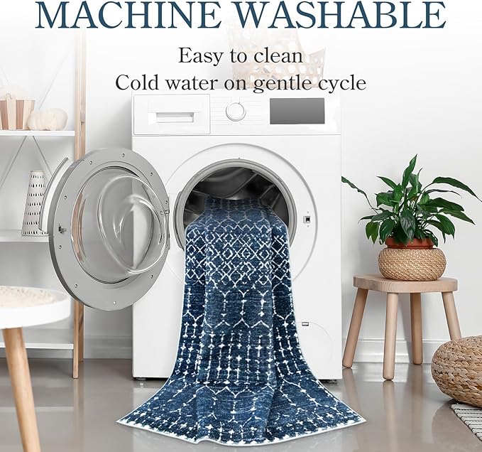Lahome Moroccan Blue Carpet for Living Room - 4x6 Area Rug Non-Slip Ultra-Thin Soft Bedroom Rug Stain Resistant Modern Carpet with Geometric Print, Suitable for Office, Kitchen, Entryway, Dining Room