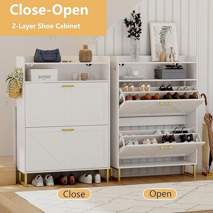 Shoe Cabinet with 2 Flip Drawers, Freestanding Hidden Shoe Storage Organizer for Entryway, Narrow Slim Shoe Rack Cabinet with Open Storage & Hooks for Front Door Entrance, Living Room, Hallway, White