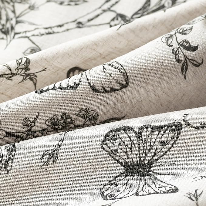 Lazzzy Linen Black Floral Curtains 90 Inch Length Farmhouse Curtain Back Tab Drapes for Living Room Bedroom Light Filtering Vintage Rod Pocket Curtains, 2 Panels, Black on Beige