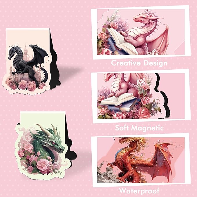 Cool Dragon Magnetic Bookmarks: 8Pcs Dragon with Wings Magnet Book Markers, Unique Floral Book Mark Clips Gift for Men, Gifts for Men Boys Kids Book Lovers Office School Supplies