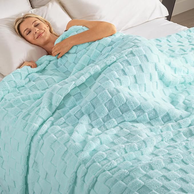Exclusivo Mezcla Twin Size Flannel Fleece Blanket, Super Soft and Warm Lightweight Checkered Pattern Blankets for All Seasons, 60x80 Inches, Light Blue