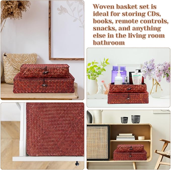Set of 4 Seagrass Basket with Lid Wicker Storage Basket Decorative Storage Boxes with Lids Flat Storage Bins Woven Organizer Baskets for Shelf Closet Bedroom, 4 Sizes (Retro Red)