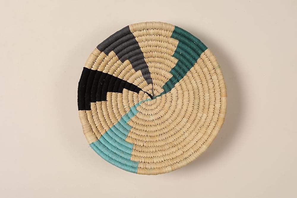 Set of 5 Round Boho Hanging Wall Basket Home Decor for Bedroom, Kitchen, Farmhouse Handmade Decorative Unique Indian Wall Decor Woven Wicker Baskets Christmas Gifting (Green Blue, Vivid)