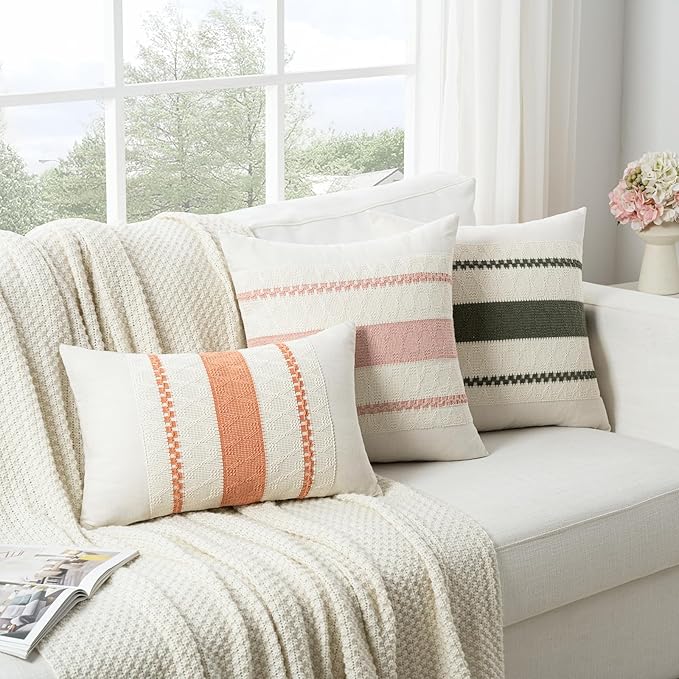 Fancy Homi Set of 2 Boho Moss Green Decorative Throw Pillow Cover 20x20 Inch for Couch Bed Sofa, Aesthetic Modern Organic Farmhouse Home Decor, Soft Cotton Cute Accent Macrame Woven Cushion Case