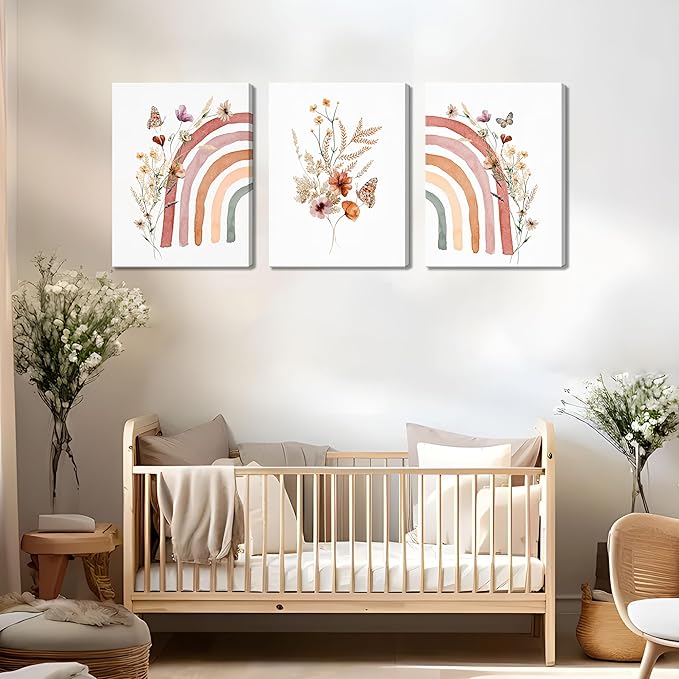 AKWISH Boho Wall Decor Set of 3, Rainbow Canvas Wall Art Paintings Prints, Cute Boho Wildflowers Posters Nursery Wall Decor for Kids Room Baby Room Classroom Bedroom Decor 12x16 inch Framed