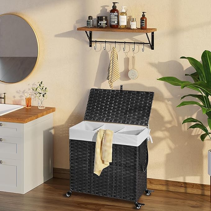 Greenstell Laundry Hamper with Wheels&Lid, 130L Large 3 Sections Clothes Hamper with 2 Types Removable Liner Bags, 5 Mesh Laundry Bags, Handwoven Divided Laundry Basket Black