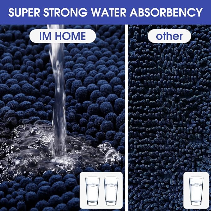 ACCUMTEK Striped Navy Blue Bathroom Rug Set 3 Pieces Ultra Soft, Non Slip Chenille Toilet Mat, Absorbent Plush Shaggy Bath Mats for Bathroom, Bedroom, Kitchen