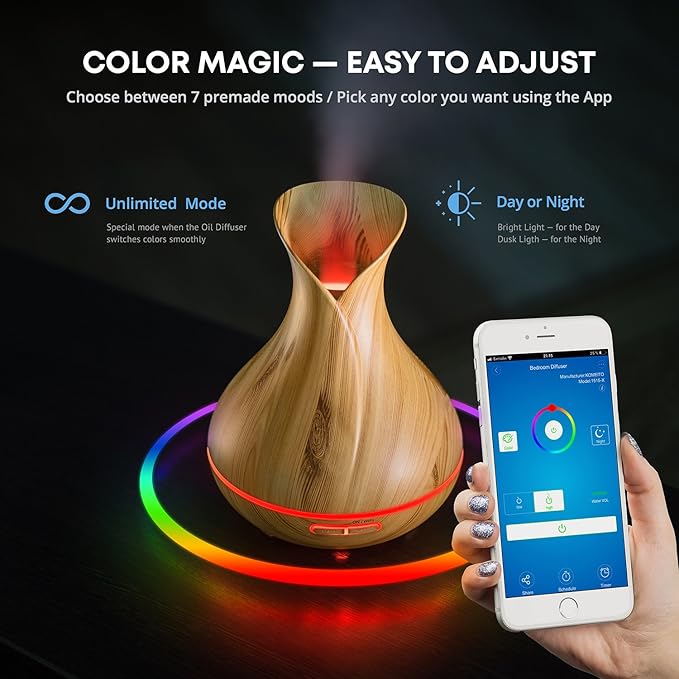 Smart Wifi Wireless Essential Oil Aromatherapy Diffuser - Works With Alexa & Google Home – Phone App & Voice Control - 400ml Ultrasonic Diffuser & Humidifier - Create Schedules - LED & Timer Settings