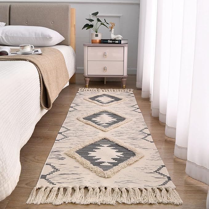 Boho Runner Rug 2'x5', Washable Hallway Rug Runner Non Slip Rubber Backed, Kitchen Farmhouse Area Rug Floor Mat with Tassels, Tufted Woven Cotton Entryway Carpet, Grey